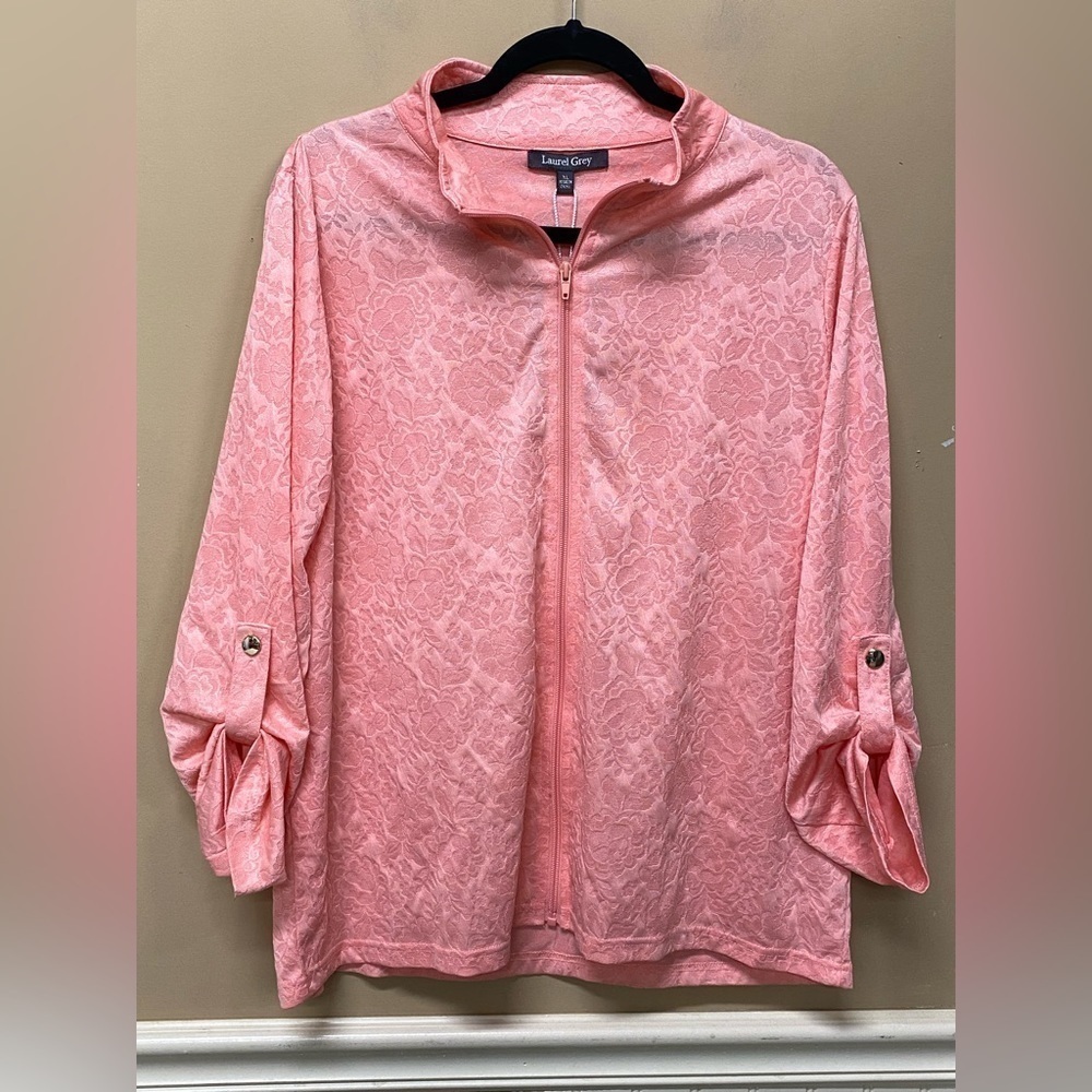 Laurel Grey Coral Jacquard Full Zip Roll Tab Sleeve Top Size XL NWT